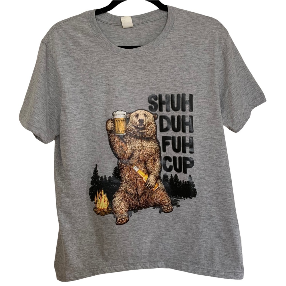 Shuh Duh Fuh Cup Bear Drinking Beer Camping Graphic Tee"